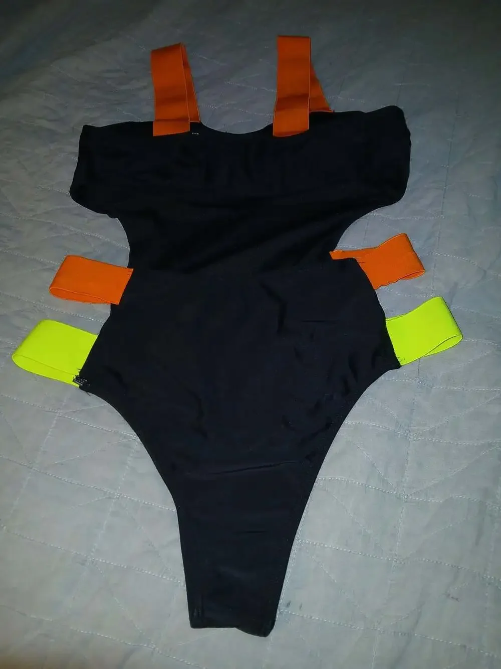 Unbranded Black Cutout One-Piece Swimsuit with Neon Straps Size L